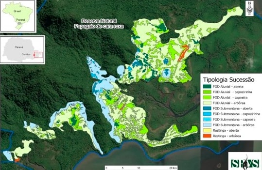 Imagem com um mapa aéreo da Reserva Natural Papagaio-de-cara-roxa.