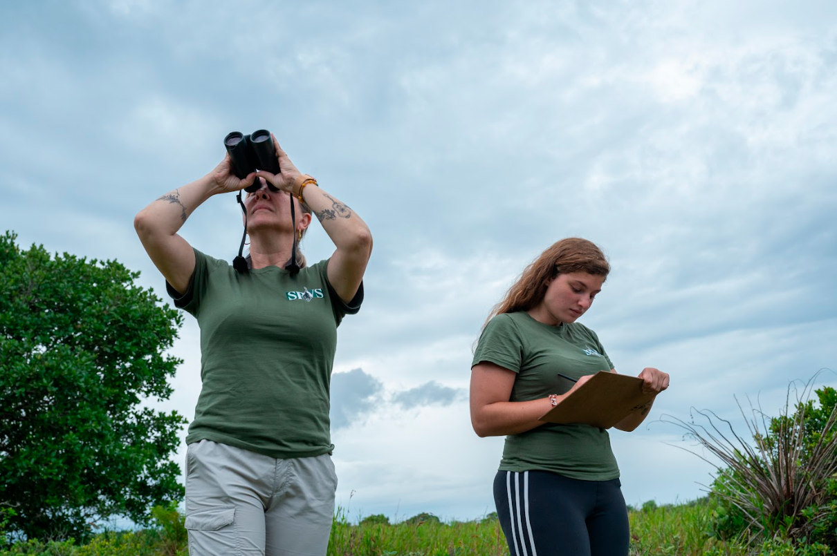 Imagem de duas mulheres vestindo a camiseta da SPVS. Uma está olhando para cima com um binóculo, outra está escrevendo em uma prancheta.